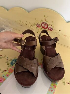 Rockport Brown Braided Leather Wedge Sandals